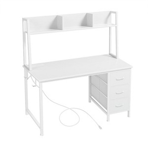 Itopfox White Computer Desk with Hutch & Drawers - Modern Office Desk with Storage Drawers and Power Outlets, Study Writing Desk for Bedroom Home - 1 of 4