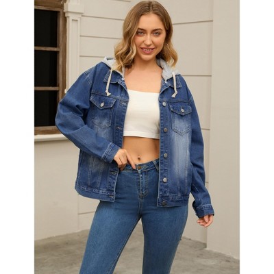 INSPIRE CHIC Women's Long Sleeve Button Down Detachable Hoodie Jean Jacket X-Large Dark Blue — фото 3
