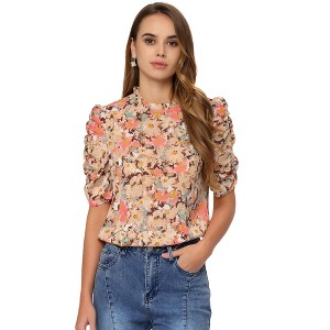 Allegra K Women's Floral Ruffle Mock Neck Puff Short Sleeves Chiffon Blouses - 1 of 4