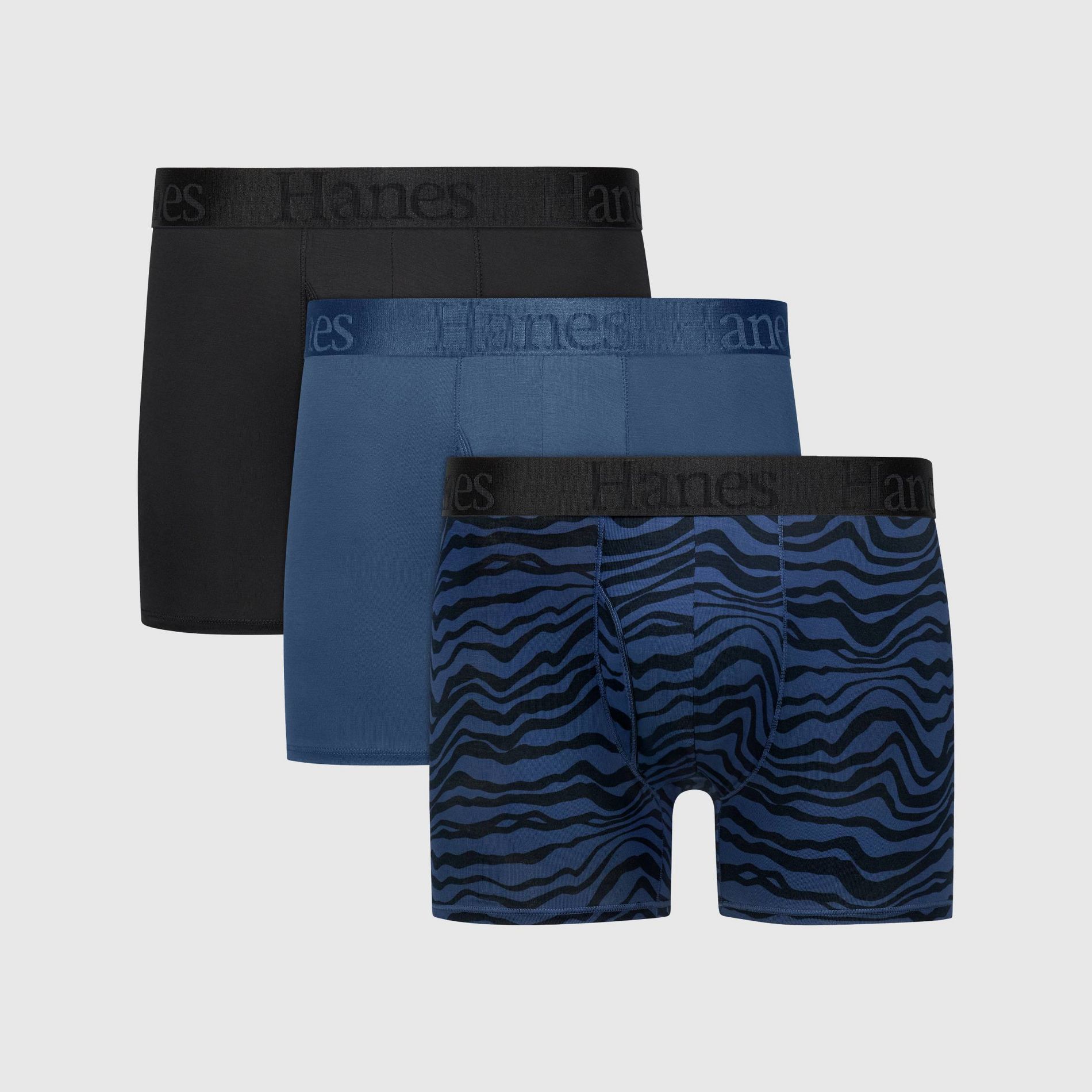 Hanes Originals Premium Men's SuperSoft Trunks 3pk - Blue/Black L: Lightweight, Tagless, Moisture Wicking, Stretch Knit Fabric