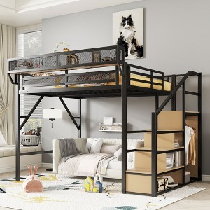 Sapphtopaz Loft Bed with Stairs & Storage Shelves Metal Queen Loft Bed with Guardrails & Wardrobe for Kids,Teen Bed Frame for Bedroom - 1 of 4
