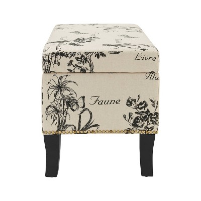 Stephanie Botanical Linen Fabric Storage Ottoman Bench, Beige