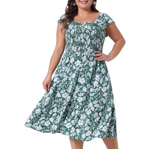 Agnes Orinda Women's Plus Size Square Neck Flutter Sleeve Smocked High Waist Floral Midi A Line Dresses - 1 of 4