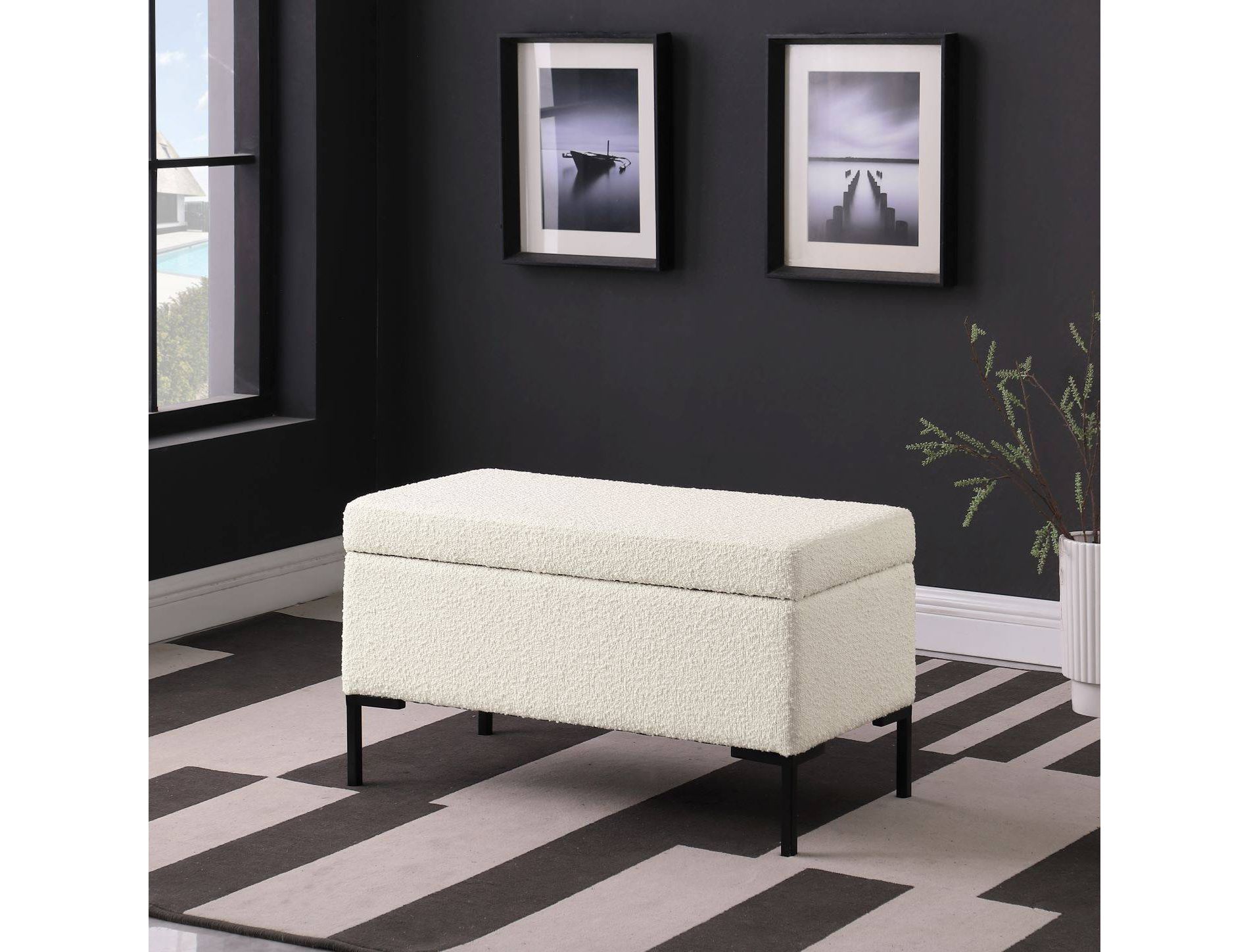 Medium Storage Bench with Metal Legs Cream Boucle - HomePop: Upholstered Rectangle for Modern Decor, Seats 2
