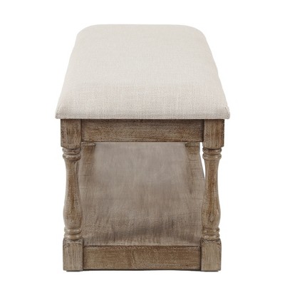 Beige Linen Upholstered Bench with Storage Shelf