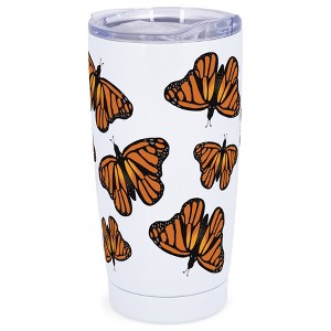 Elanze Designs 20 oz Stainless Steel On the Go Insulated Travel Tumbler With Push Top Lid, Vibrant Orange Monarch Butterfly Pattern White - 1 of 4