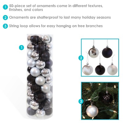 Sunnydaze Black and Silver Shatterproof Plastic Christmas Ornaments Set