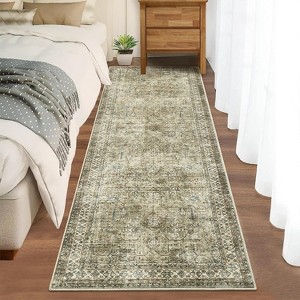 Washable Area Rug - Low Pile, Non-Slip, Floral Boho Design, Soft Faux Wool, Durable & Easy Care,9*12ft, Green - 1 of 4