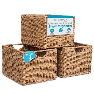 BIRDROCK HOME Handwoven Seagrass Storage Baskets with Handles - Set of 3 for Pantry, Living Room, Office & Bathroom, Natural
