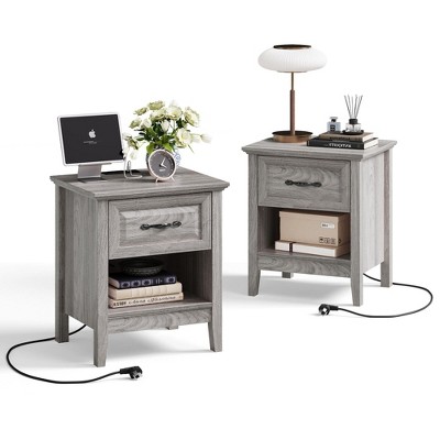 Nightstand for Bedroom with Charging Station, Farmhouse End Tables for Living Room with Drawer