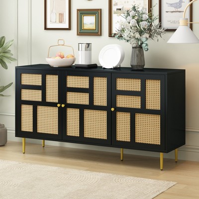 Rattan TV Stand for TVs Up to 55" Aesthetic Rattan Doors Metal Support Legs Handles, Entertainment Center