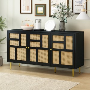 Rattan TV Stand for TVs Up to 55" Aesthetic Rattan Doors Metal Support Legs Handles, Entertainment Center - 1 of 4