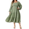 Agnes Orinda Women's Plus Size Square Neck Long Sleeve Smocked Flowy Tiered Casual Midi A-Line Dress Green - 2 of 4