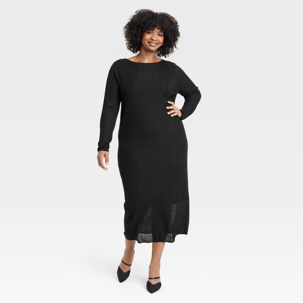 Women's Long Sleeve Sheer Maxi Sweater Dress - A New Day™ Black 2X: Recycled Polyester Blend, Crew Neck, Knit Fabric, Pullover Style