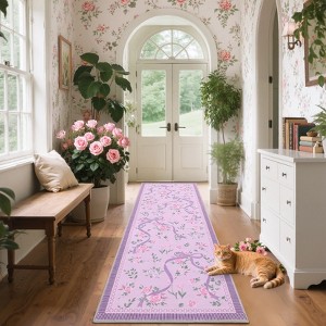 Floral Rugs for Living Room Bedroom Washable Bow Pattern Area Rug Non Slip Low Pile Indoor Home Decor Carpet - 1 of 4