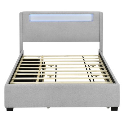 HomeRoots Light Gray Tufted Boucle Lighted Queen Bed Frame With Trundle And USB And Drawers