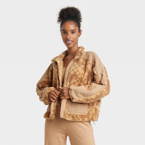 Women's Printed High Pile Fleece Jacket - JoyLab™ Beige XS