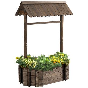 Outsunny Wooden Wishing Well Raised Garden Bed, Ornamental Outdoor Flower Planter for flowers, herbs, vegetables, Rustic Brown