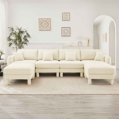 U-Shape Sectional Sofa with 2 Ottomans, 4-Seater Sofa with Armrests and Cylindrical Legs, Boucle Fabric Couch with Cushion-Coolbibila