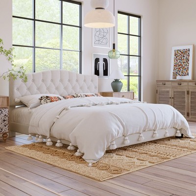 CAVINAS King/Queen/Full Size Linen Upholstered Platform Bed Frame with Saddle Curved Headboard,No Box Spring Needed