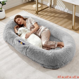Human Dog Bed for Adult Large Gaint Shared Bed for People Pets, Washable Faux Fur Removable Nap Bed Bean Bag w/Handle Side Pocket - 1 of 4