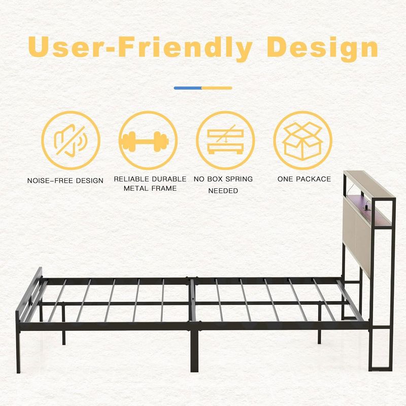 HAUSOURCE Full Bed Frame with Storage Headboard, Noise Free Design, 13 Heavy Duty Metal Slats, and Metal Platform Bed for Family and Master bedrooms, 3 of 7