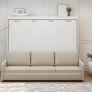 Merax Murphy Cabinet Bed with Folding Sofa, Built-in Storage Shelves and LED Light, Queen - 1 of 4