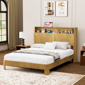 KWPZQEB Bed Frame with 2-Tier Storage Headboard, Wood Platform Bed Frame with Built in Charging Station, Metal Support/Noise-Free/No Box Spring Needed - 1 of 4