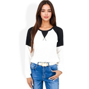 Anna-Kaci Women's Long Sleeve Waffle Knit Top with Raglan Color Block Sleeves and Crew Neck - 1 of 4