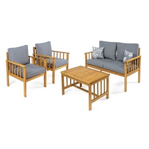 Everly 4-Piece Modern Cottage Acacia Wood Outdoor Patio Set with Cushions and Tropical Decorative Pillows - JONATHAN Y - 1 of 4