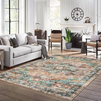 Vintage Area Rug – Washable Low-Pile Carpet, Non-Slip Soft Floor Rug for Living Room, Bedroom & Dining Room