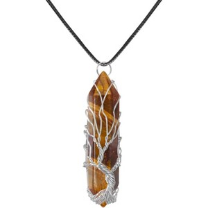 Tree of Life Crystal Necklace, Wire Wrapped Natural Stone Reiki Healing Jewelry Tiger Eye-Silver-Leather Chain - 1 of 4