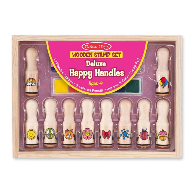 Melissa &#38; Doug Deluxe Happy Handle Stamp Set With 10 Stamps, 5 Colored Pencils, and 6-Color Washable Ink Pad, 1 of 13