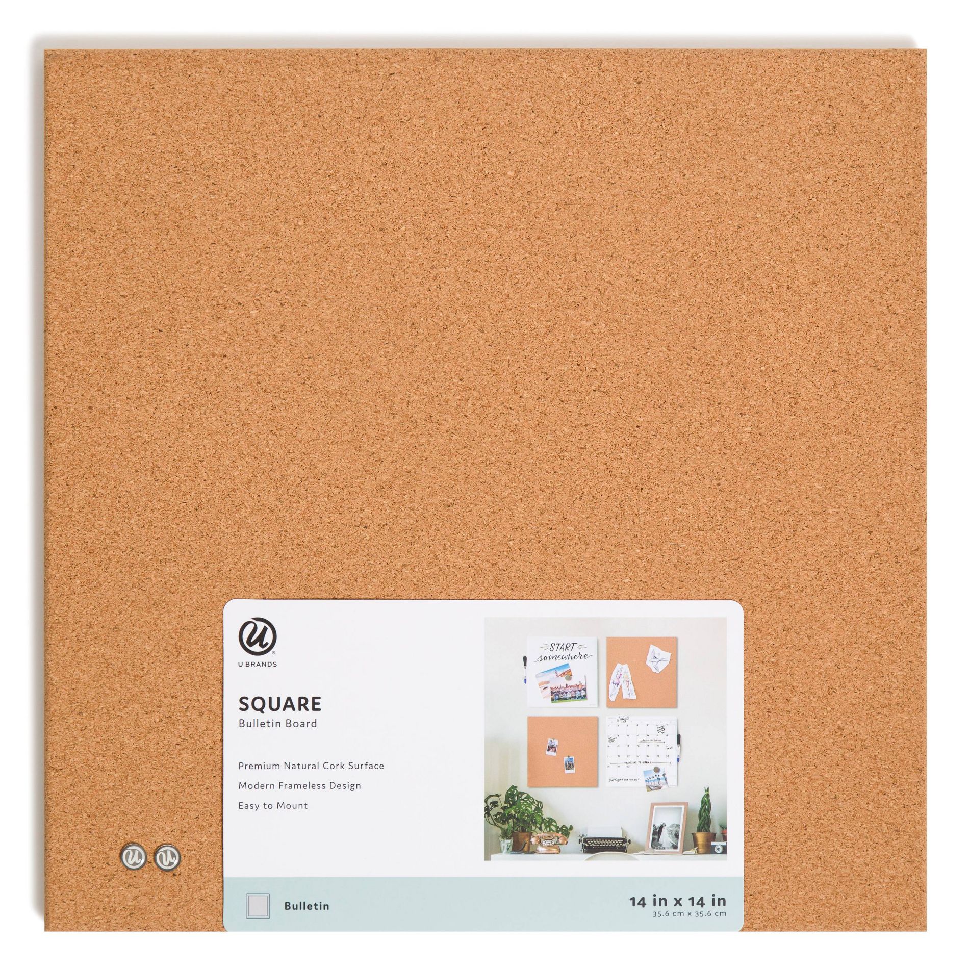 U Brands 14"x14" Square Frameless Cork Board Tile: Wall Mount Bulletin Pinboard with Push Pins, Brown