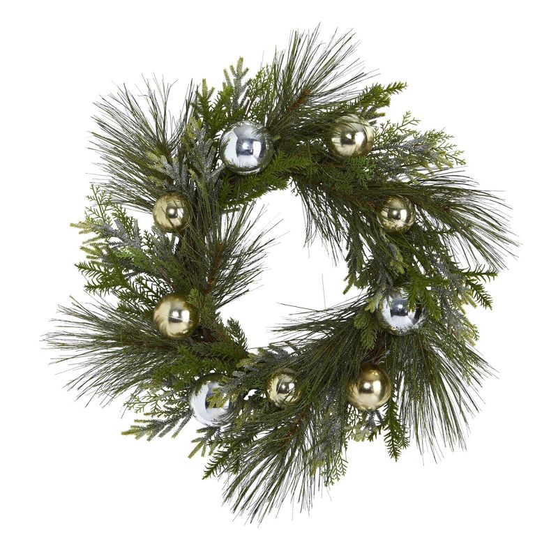 Nearly Natural 26” Sparkling Pine Artificial Wreath with Decorative Ornaments, 1 of 4