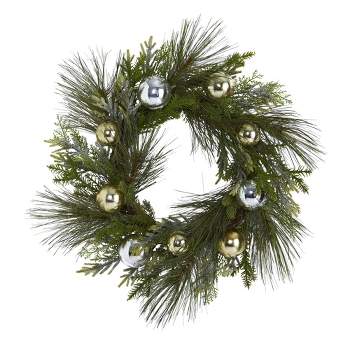 Nearly Natural 26” Sparkling Pine Artificial Wreath with Decorative Ornaments