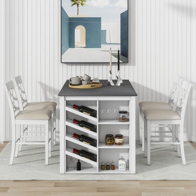5-Piece Counter Set: 59*35.4Inch Wood Table, Curved Wine Rack, 4 Upholstered Chairs