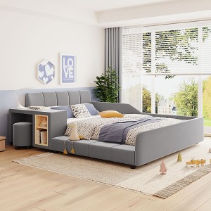 Full/Queen Size Velvet Upholstered Grounded Bed Frame, Mother & Child Platform Bed with Bedside Desk and Little Round Stool - ModernLuxe - 1 of 4