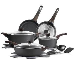Itopfox Nonstick Cookware Set, 14-Piece Induction Safe Kitchen Pots and Pans, PFOA PFOS APEO Free, Healthy Non-Toxic Coating, Black - 1 of 4
