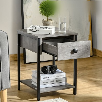 Gray Wood and Black Metal Industrial End Table Set with Storage