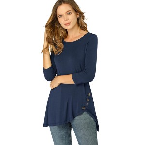 Allegra K Women's 3/4 Sleeve Round Neck Button Decor Casual Stretchy Tunic Tops - 1 of 4