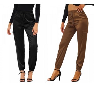 Allegra K Women's Drawstring Elastic High Waist Cargo Pocket Silky Satin Pants 2 Packs - 1 of 4