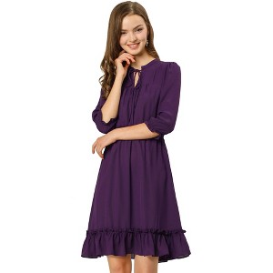 Allegra K Women's Solid Ruffle Hem 3/4 Sleeve A-Line Smocked Short Chiffon Dress - 1 of 4
