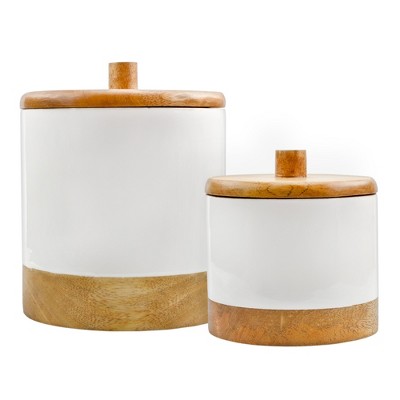 AuldHome Enamel/Mango Wood Lid Canisters, 2pc Set; Farmhouse Rustic Minimalist Style Kitchen and Storage Containers