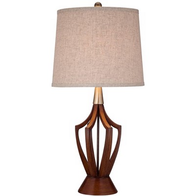 360 Lighting Mid-Century Modern Table Lamp Wood Brass Open Vase Taupe Drum Shade for Living Room Family Bedroom Bedside