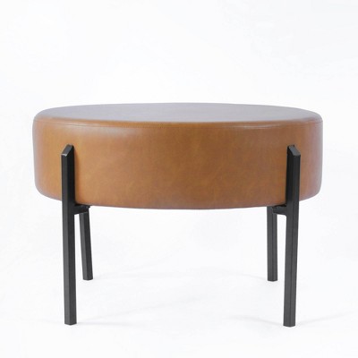Carmel Faux Leather Round Ottoman with Black Metal Legs