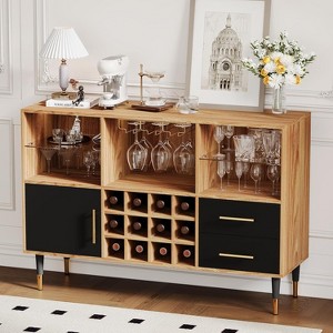 Acekool 47" Modern Wine Bar Cabinet,Built-In Charging Station, LED Lights, Wine Racks & Storage, Wood Liquor & Coffee Bar Sideboard, Wood - 1 of 4