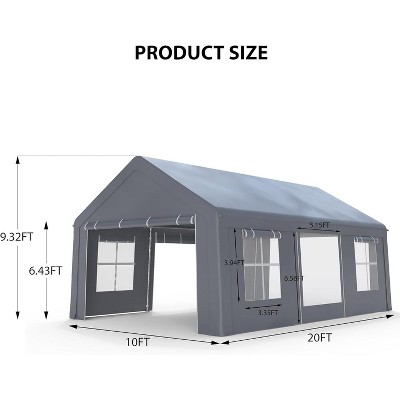 10'x20' Heavy Duty Carport Portable Garage, Outdoor Car Port, Waterproof Canopy 3 Roll-up Doors and 5 Windows for Car, Truck, SUV, Boat