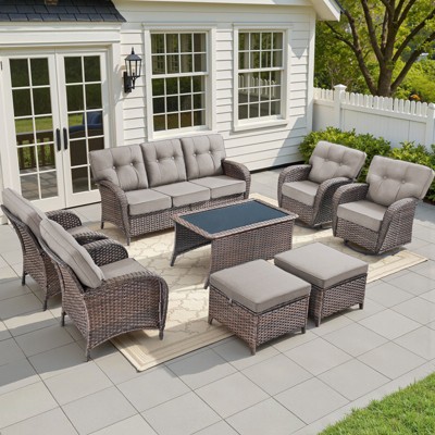 Buenhomino High Back Patio Furniture Set with 5-Inch Thick Cushion, Outdoor Conversation Set with Sofa, Swivel Rocker Chairs & Ottomans