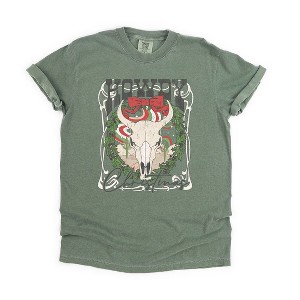 Simply Sage Market Women's Howdy Christmas Bull Short Sleeve Garment Dyed Tee - 1 of 2